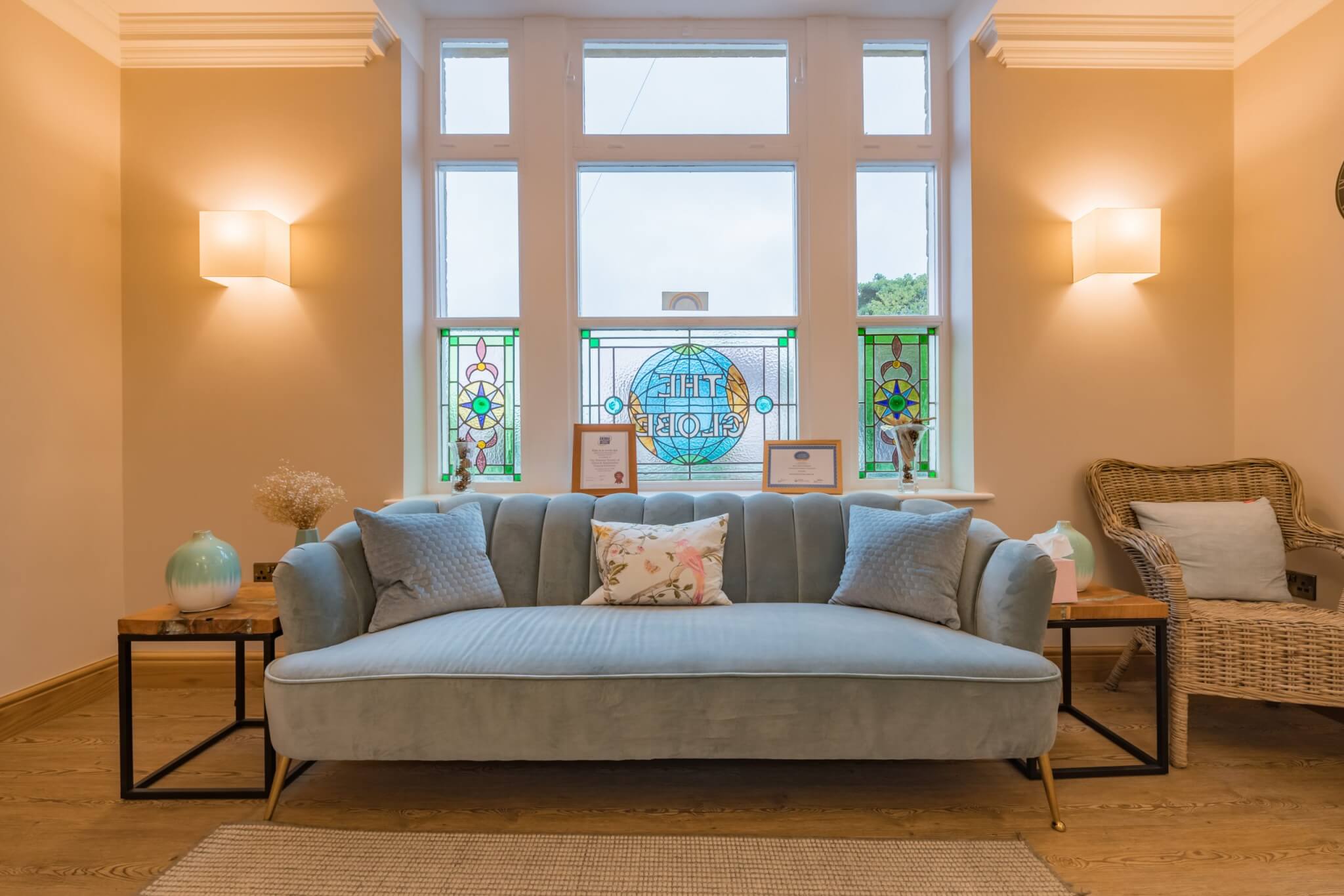 Sofa with a stained glass window