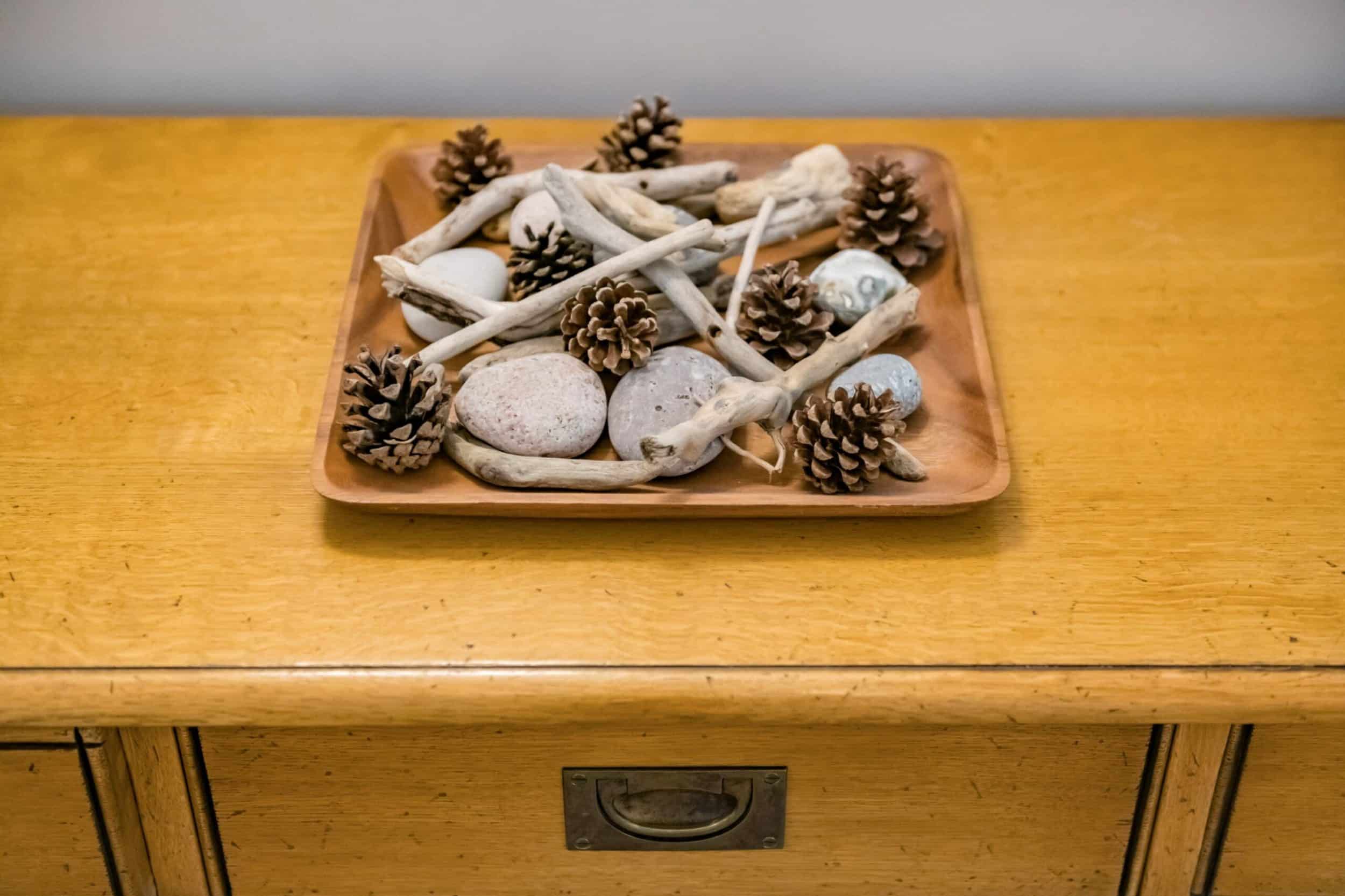 Cabinet with pine cones and sticks on